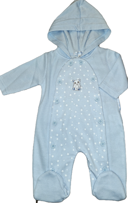 My Little Chick Baby Boys Blue Hooded Babygrow with Hearts and Panda Embroidery -2561