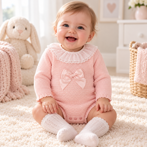Nursery Time Baby Girls Knitted Romper with Front Bow and Lace Collar- 1172