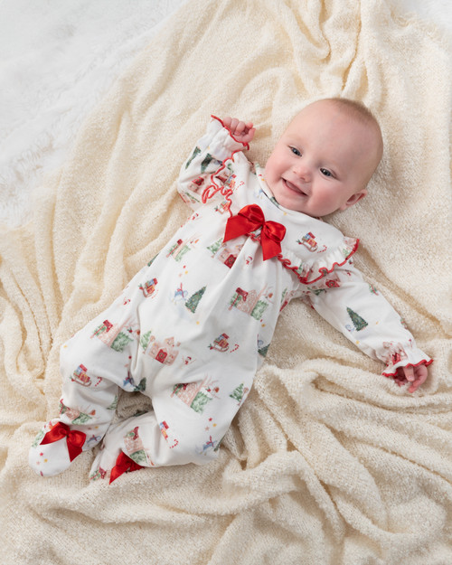 Caramelo Baby Girls Ivory Festive Print Ruffle Sleepsuit with Red Trim Detail & Red Satin Bows 0341248
