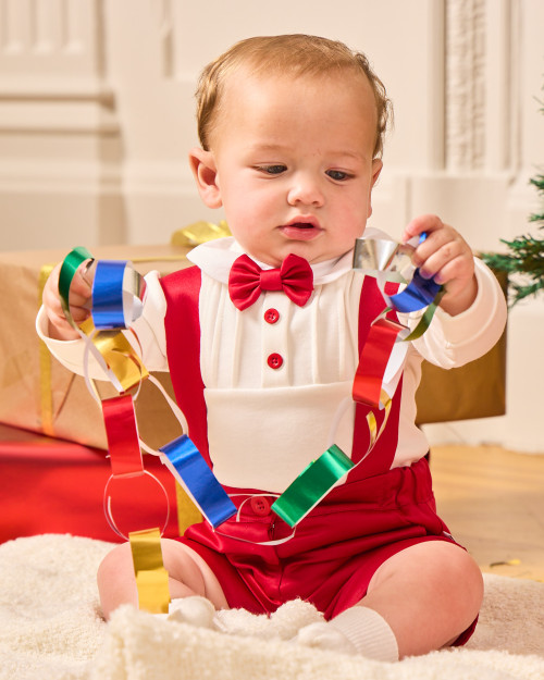 Caramelo Boys Red Soft Dungaree Shorts with Matching Ivory Collared Top & Red Bow Tie 0385241