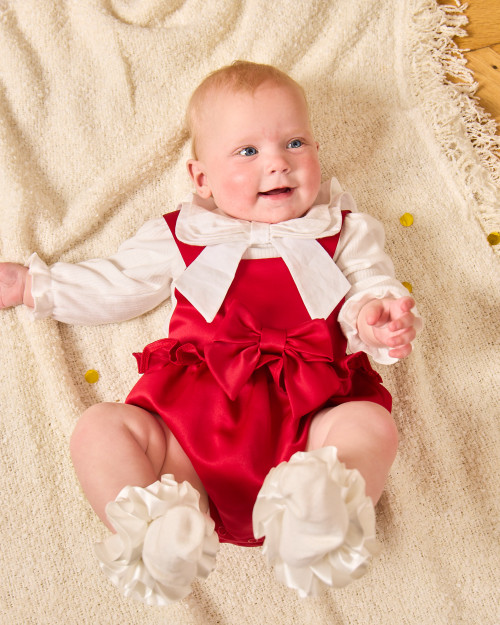 Caramelo Girls Red Soft Dungaree Romper with Matching Ivory Collared Top & Headband 0315239