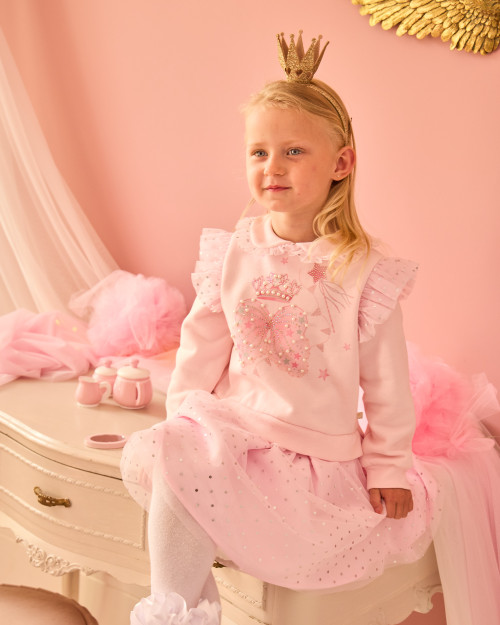 Caramelo Girls Pink Sweater Dress with Diamante & Pearl Crown, Wand & Bow Design 3421110