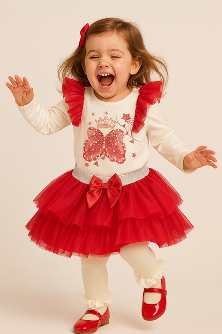 Caramelo Girls Red/Ivory Tulle Skirt Set with Diamante & Pearl Crown, Wand & Bow Design 3453109