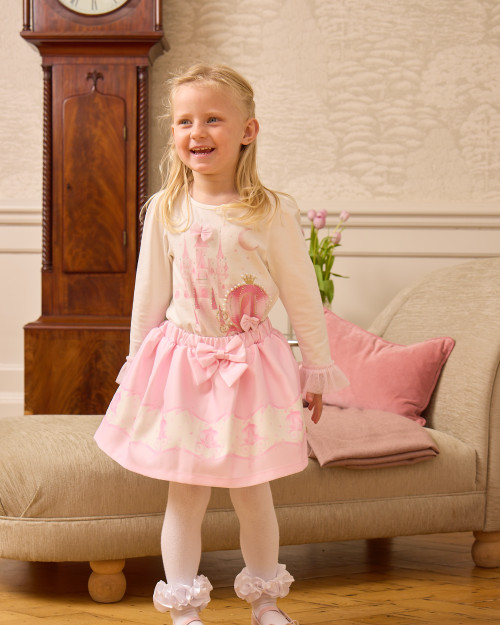 Caramelo Girls Pink/Ivory Skirt Set with Diamante & Pearl Castle & Carriage Design 3453113