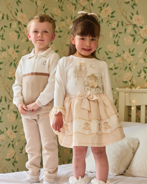 Caramelo Girls Mink/Ivory Skirt Set with Diamante & Pearl Castle & Carriage Design 3453113