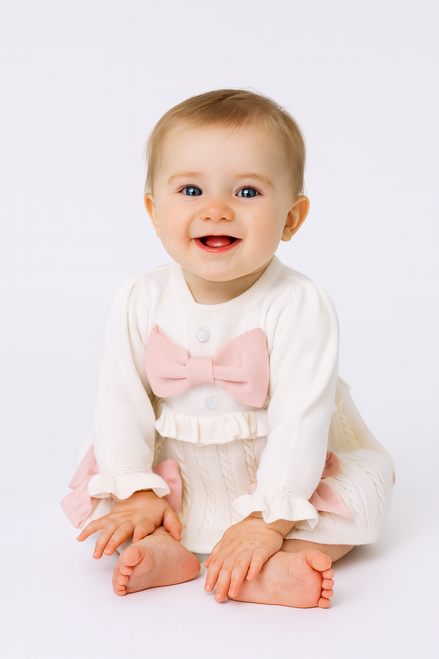 Caramelo Girls Ivory Knitted Dress with Pink Bows & Pearl Front 2050181