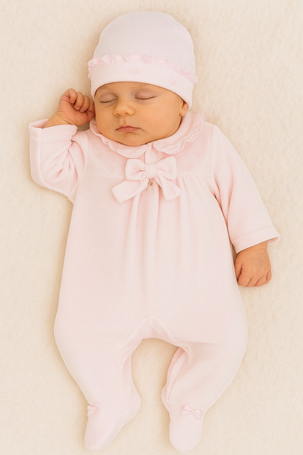 Blues Baby BB2069 Girls Pink Velour All in One with Frill Collar & Hat