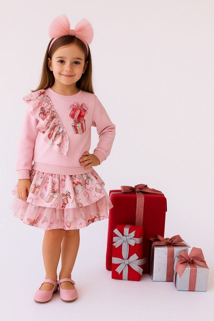 Daga Girls Magical Surprises Pink Gift Print Skirt & Matching Ruffle Sweatshirt Set 10/25/26 (M10344+M10345)