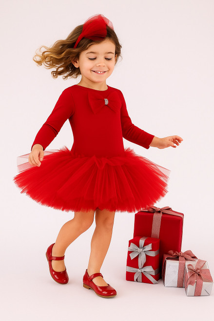 Daga Girls Magical Surprises Red Long Sleeve Tunic Style Dress with Tulle Layers and Bow 10327