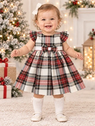 Kinder White Tartan Dress with Satin Trim & Fabric Bow - 3020
