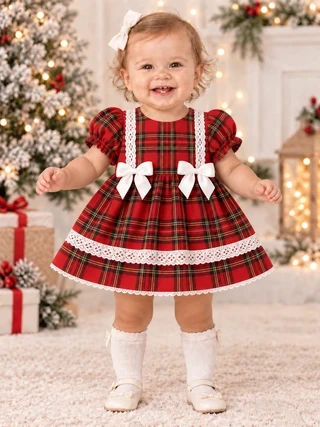 Kinder  Red Tartan Dress with lace, Bows and Bloomers 5605