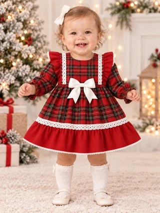 Kinder  Red Tartan Long Sleeve Dress with Bow 5606
