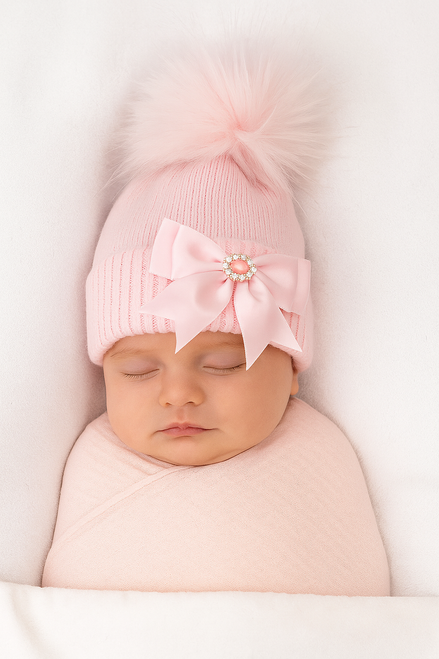 Kinder Boutique Pink CT105 1ST SIZE DIAMANTE BOW FUR POM HAT