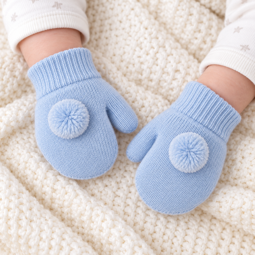 Nursery Time Knitted Blue Mittens with Pom BW-05030464S