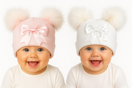 Kinder Boutique CT150 Double Pom Hat with Bow White One Size approx 2/4 Years