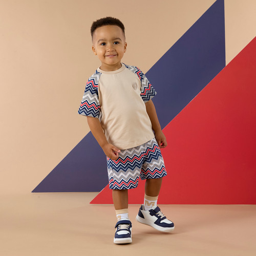 Mitch & Son Boys Beige T-Shirt with Chevron Print Sleeves & Matching Chevron Shorts - Paxton (MS26207)