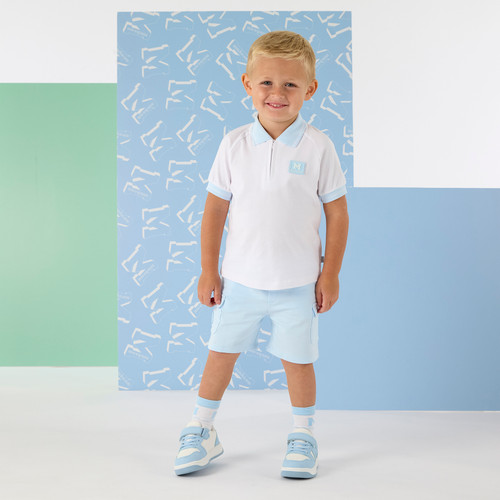 Mitch & Son Boys White Polo with Blue Collar and Trim & Matching Blue Pocketed Shorts - Oakland (MS26112)
