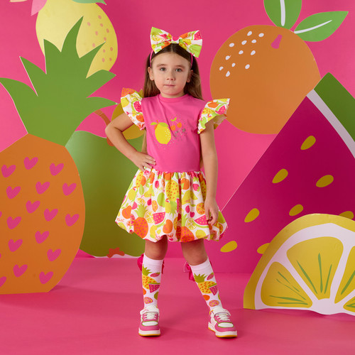 ADEE Girls Pink Dress with Fruit Artwork and Fruit Print Filled Sleeves & Skirt - Tilly (S263713)