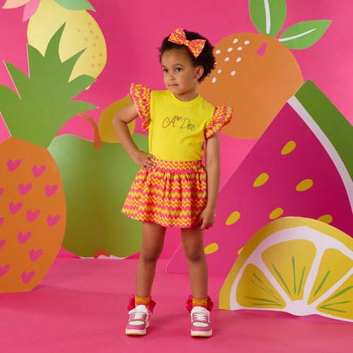 ADEE Girls Yellow Top with Coloured Zig Zag Frill Sleeves & Matching Zig Zag Skort - Tiffany (S263526)