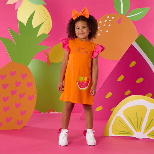 ADEE Girls Orange Jersey Dress with Pink Frill Sleeves & Fruit Handbag Detail - Tegan (S263714)