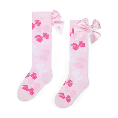 ADEE Girls White Knee High Socks with Pink Bow Print & Satin Bow - Ramona (S261902)