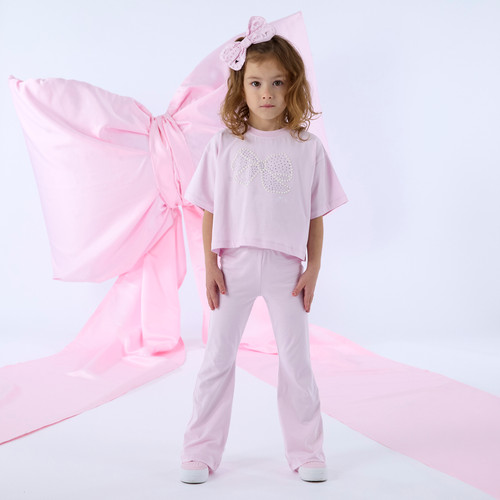 ADEE Girls Pink Flared Trouser Set with Pearl & Bow Detail - Samantha (S261510)