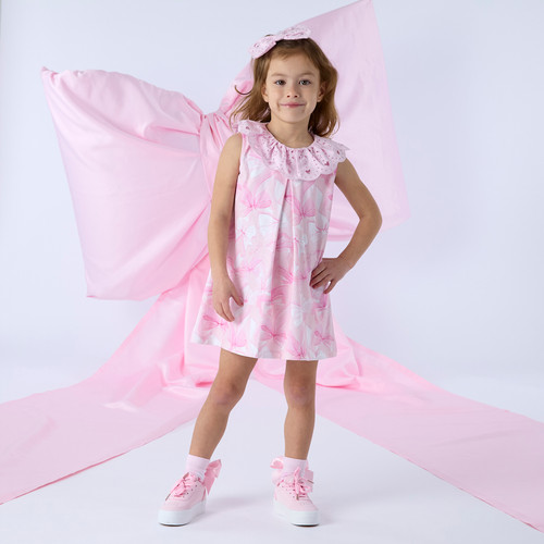 ADEE Girls Pink Dress with Bow Print & Broderie Anglaise Collar - Ruth (S261704)