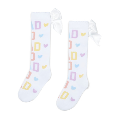 ADEE Girls White Knee High Socks with Pastel Initial Print & Satin Bow - Sylvia (S262914)