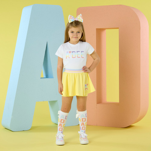 ADEE Girls White Top with Pastel Sequin Logo & Matching Lemon Skort - Stevie (S262519)
