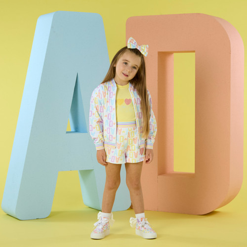 ADEE Girls White Bomber Jacket with Initial Print & Sequin Heart Artwork on Back - Sassy (S262304)