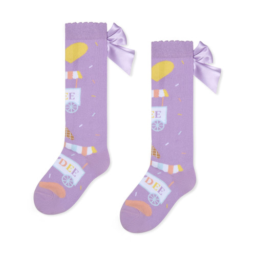 ADEE Girls Lilac Knee High Socks with Ice Cream Print & Satin Bow - Sandra (S262913)