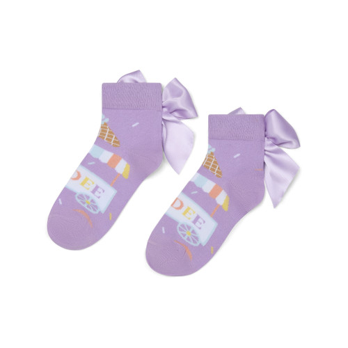 ADEE Girls Lilac Ankle Socks with Ice Cream Print & Satin Bow - Sade (S262916)