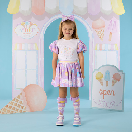 ADEE Girls White Top with Ice Cream Print Sleeves & Matching Ice Cream Print Frilled Skirt - Sally (S262510)
