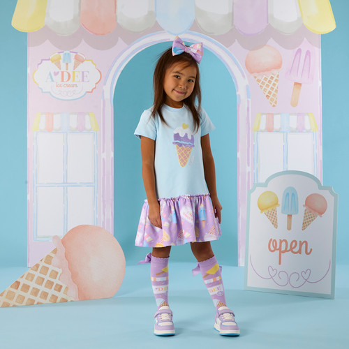 ADEE Girls Blue Jesrsey Dress with Contrasting Ice cream Print Frill - Sutton (S262710)