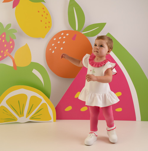 Little A Girls White Top with Pink Trim and Cherry Print & Matching Pink Leggings - Phoebe (LA26206)