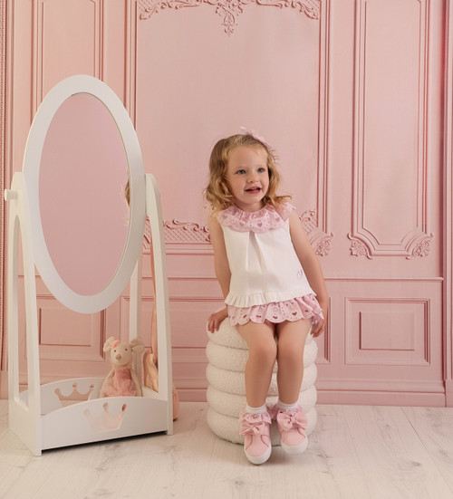 Little A Girls White/Pink Top with Broderie Anglaise Collar & Matching Pink Ruffled Jam Pants - Orla (LA26107)