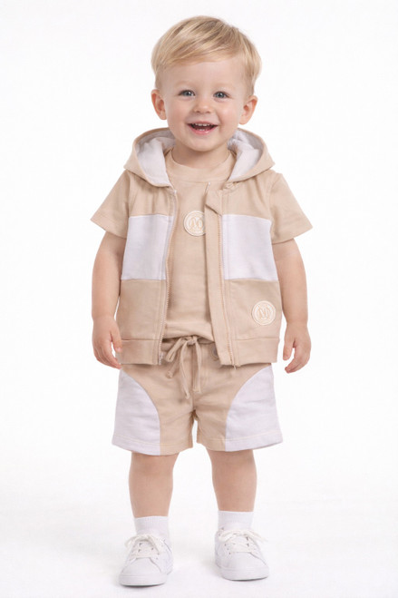 Mintini Baby Boys Beige/White Hooded Gilet, Top & Short Set MB7014
