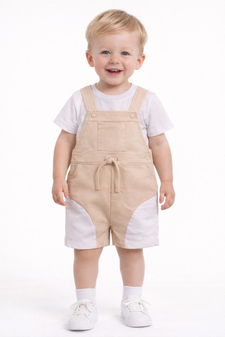 Mintini Baby Boys White/Beige Top & Short Dungaree Set MB7012