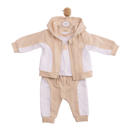 Mintini Baby Boys White/Beige Hooded Jacket Top & Trousers Jog Set MB7017