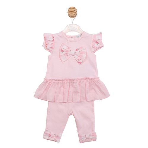 Mintini Baby Girls Pink Frilled Tunic with Floral Print Bow & Legging Set MB7161