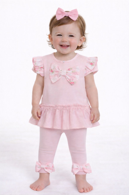 Mintini Baby Girls Pink Frilled Tunic with Floral Print Bow & Legging Set MB7161