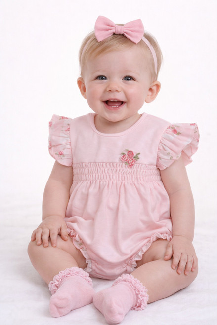 Mintini Baby Girls Pink Romper with Floral Frill Detail MB7154