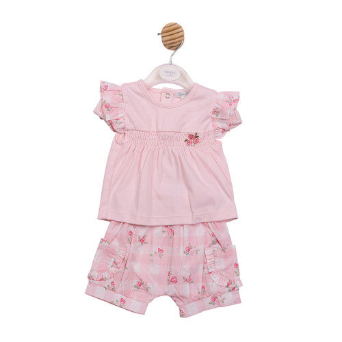 Mintini Baby Girls Pink Floral Sleeved Top with Floral Print Bloomer Shorts MB7158