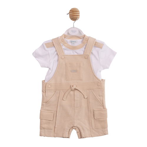 Mintini Baby Boys White/Beige Top & Short Dungaree Set with Pockets MB6966