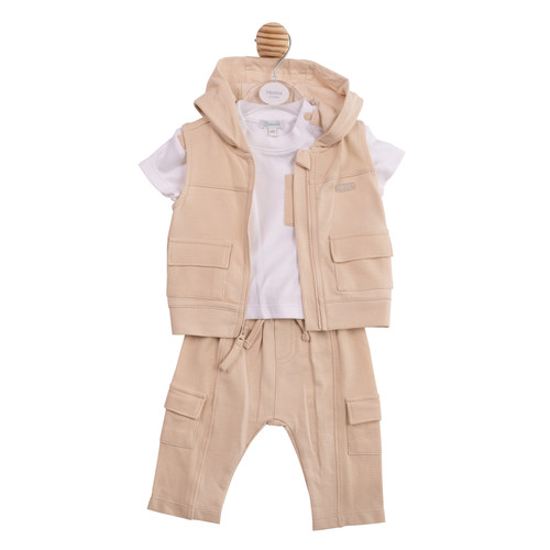 Mintini Baby Boys White/Beige Hooded Gilet, Top & Trouser Set with Pockets MB6969