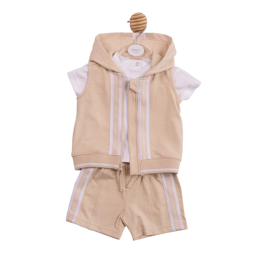 Mintini Baby Boys Beige/White Stripe Hooded Gilet, Top & Short Set MB6993