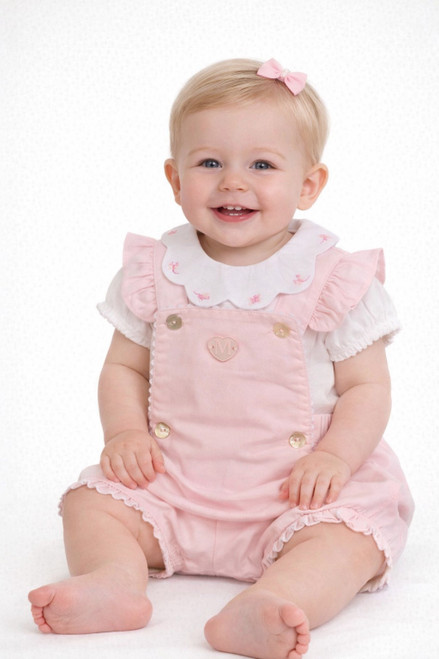 Mintini Baby Girls White/Pink Scallop Collar Top & Bloomer Dungaree Set MB7031