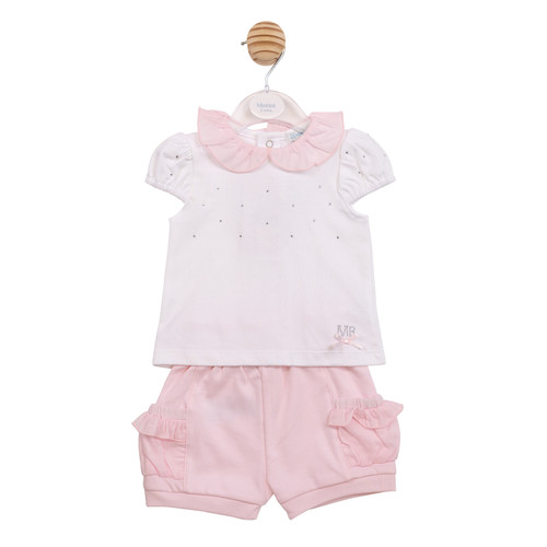 Mintini Baby Girls White/Pink Diamante Frill Top & Short Set MB7095