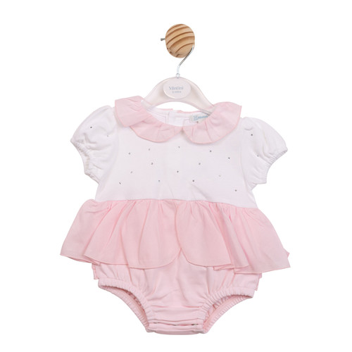 Mintini Baby Girls White/Pink Diamante Frill Romper MB7091