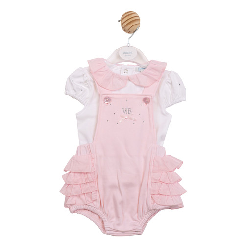 Mintini Baby Girls White/Pink Diamante Frill Top & Romper Dungaree Set MB7094